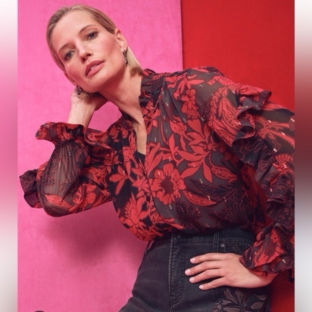 Chicos Woven Floral Rose Blouse Sheer Valentines New